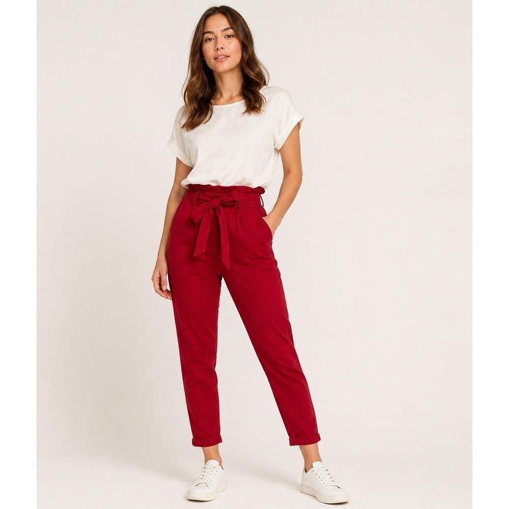 Ashley Mason Pants Womens Juniors 7 Red Paperbag Waist Cotton Belt NEW